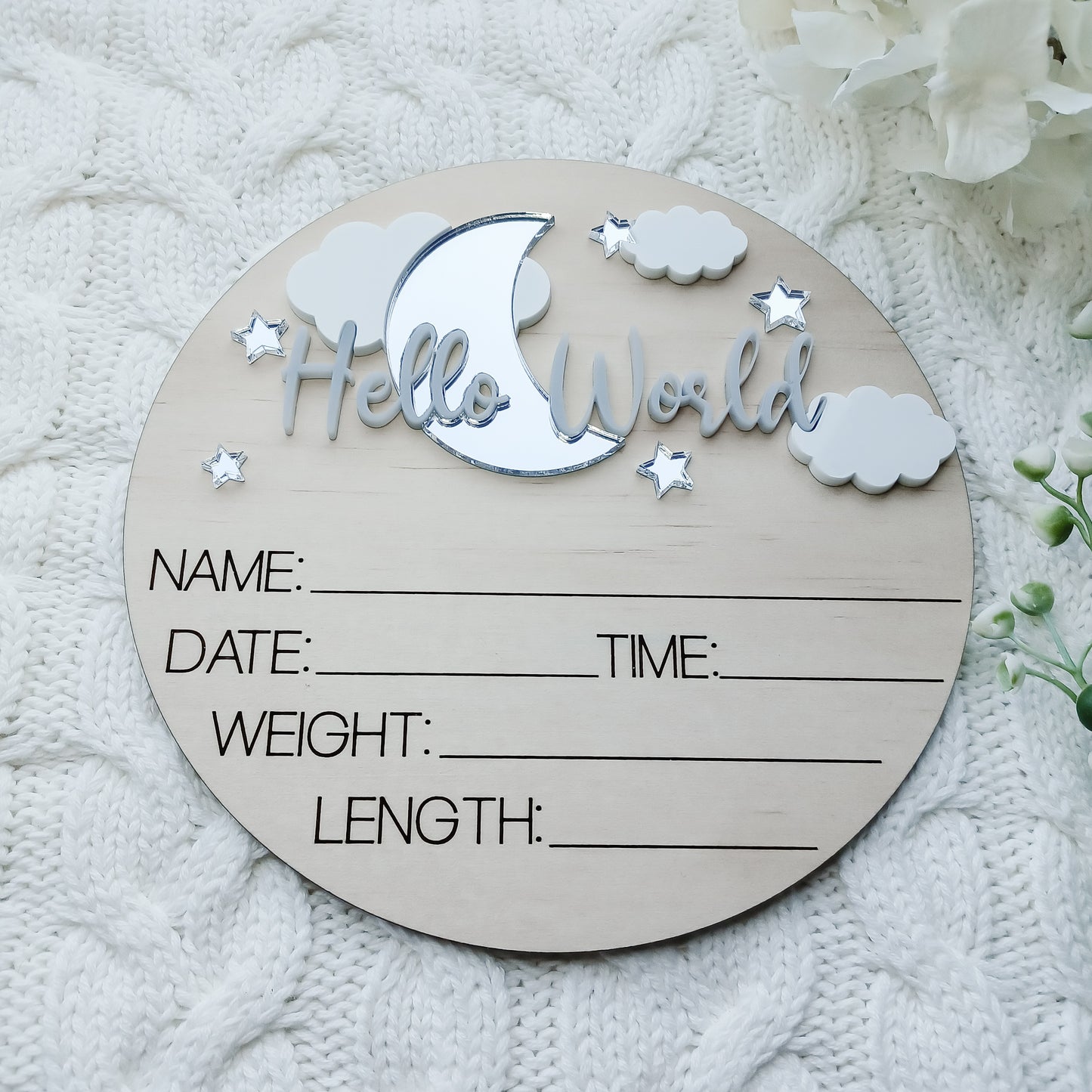 Hello World Moon and Stars Birth Announcement Plaque