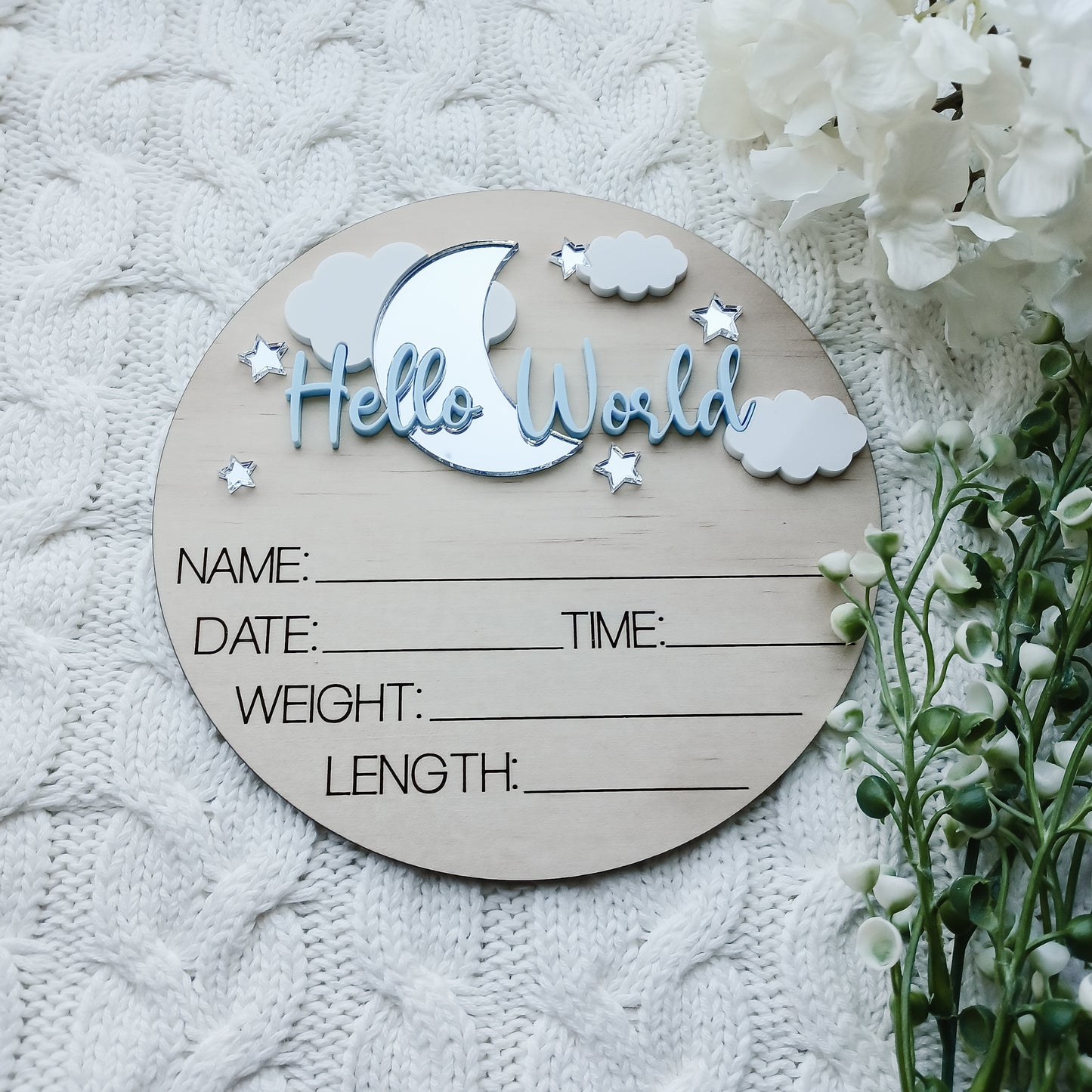 Hello World Moon and Stars Birth Announcement Plaque