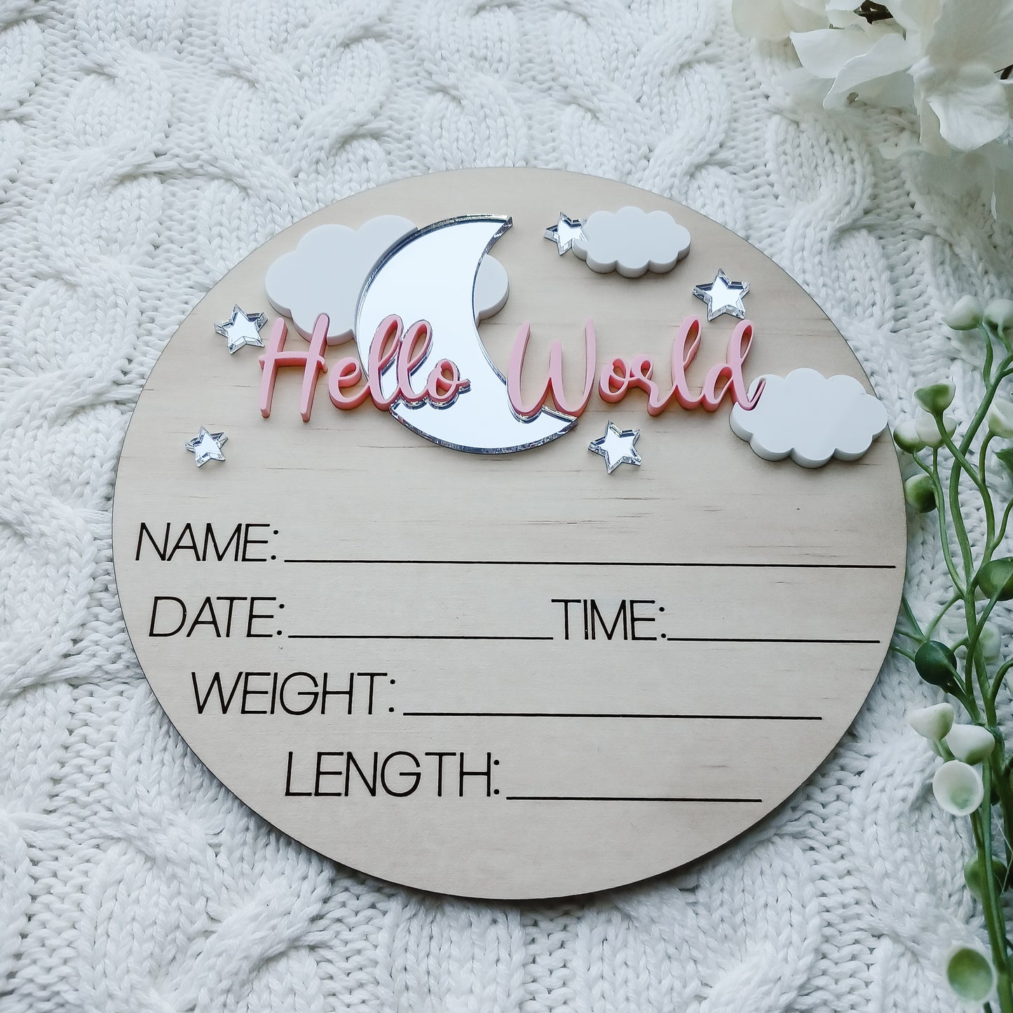 Hello World Moon and Stars Birth Announcement Plaque