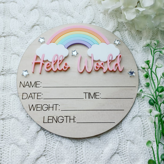 Hello World Rainbow Birth Announcement Plaque