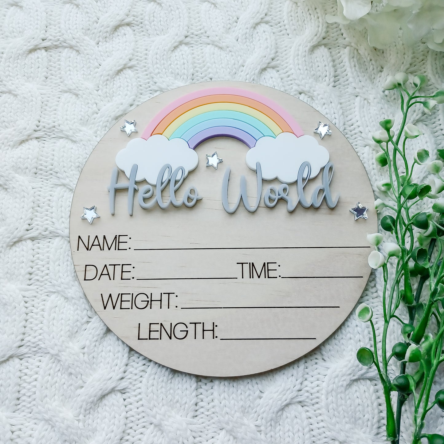 Hello World Rainbow Birth Announcement Plaque