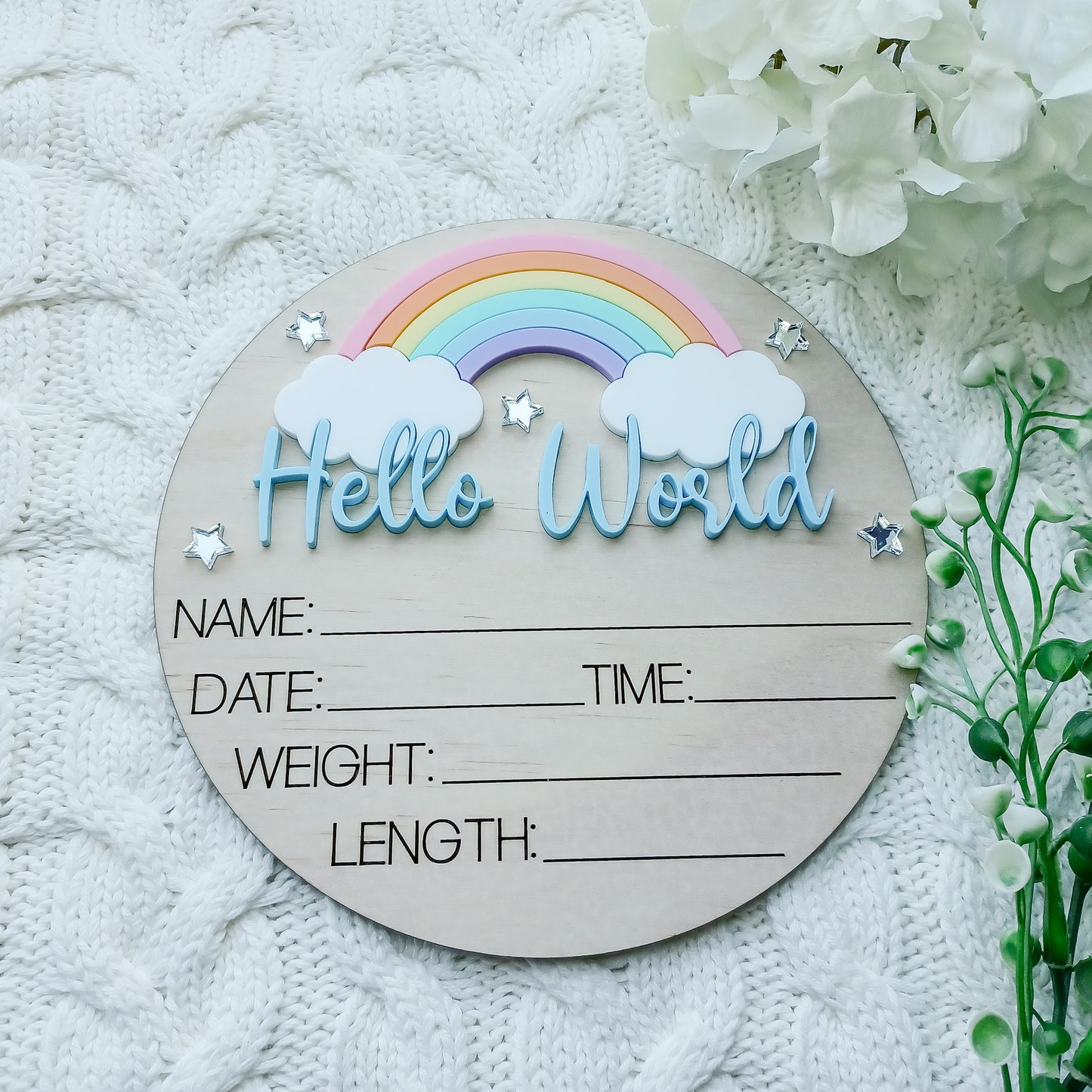 Hello World Rainbow Birth Announcement Plaque