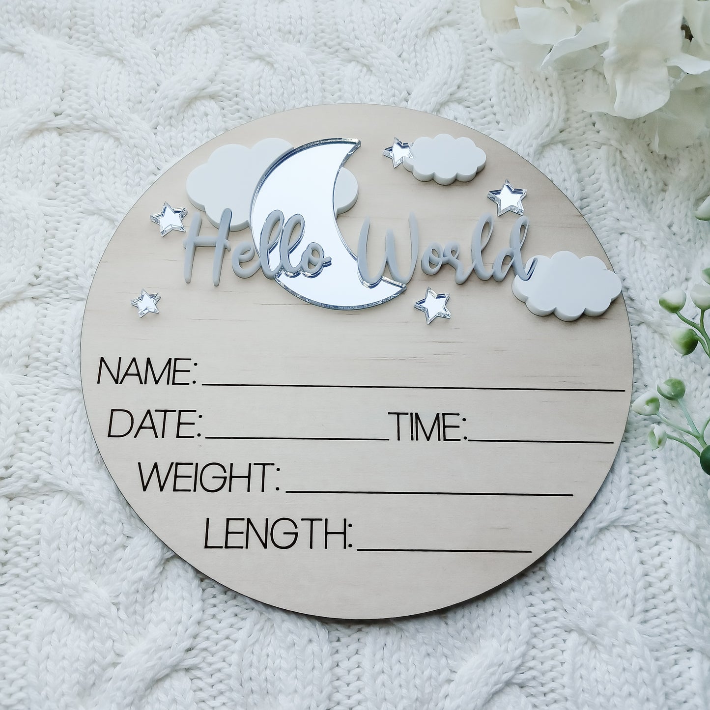 Hello World Moon and Stars Birth Announcement Plaque