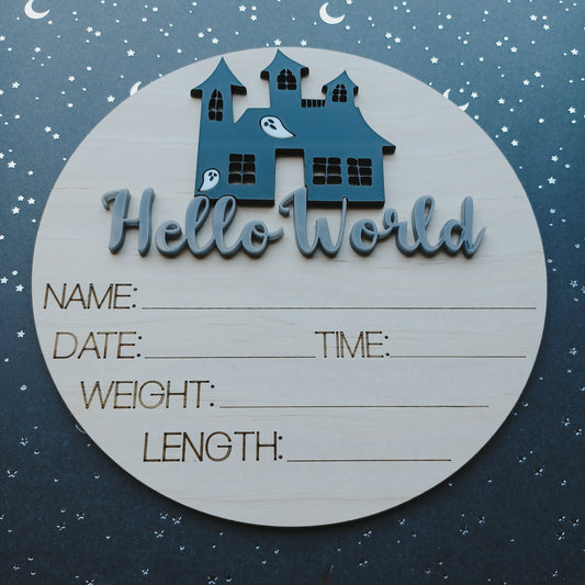 Hello World Haunted House Birth Announcement Plaque