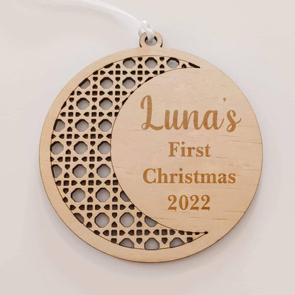 Personalised Baby's First Christmas Rattan Moon Christmas Ornament