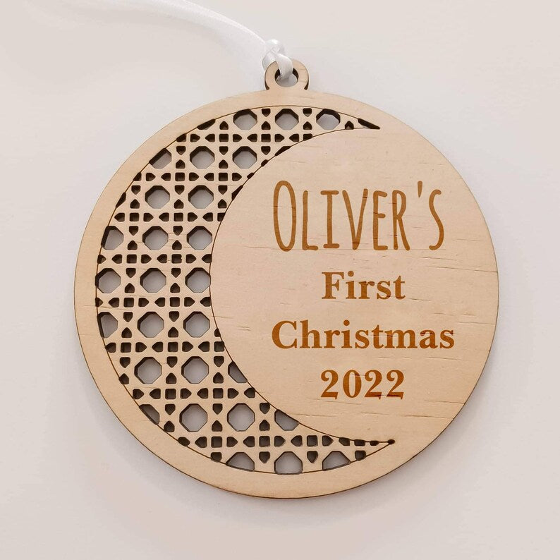 Personalised Baby's First Christmas Rattan Moon Christmas Ornament